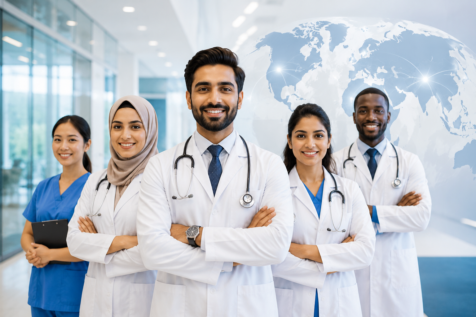 Pakistani medical professionals standing together in a modern hospital, representing global healthcare careers and professional growth.